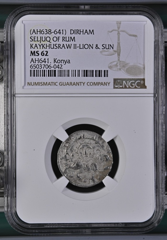(AH638-641) SELJUQ OF RUM KAYKHUSRAW II-LION & SUN DIRHAM NGC Graded MS 62