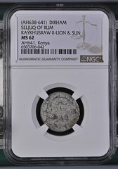 (AH638-641) SELJUQ OF RUM KAYKHUSRAW II-LION & SUN DIRHAM NGC Graded MS 62