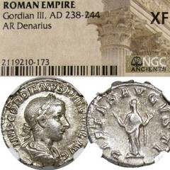 GORDIAN III. Pietas. NGC Certified XF. RARE in RIC. Roman Empire Denarius Coin