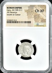 RARE ITEMS Geta AR Silver Denarius, issued as Caesar, AD 209-211, NGC CH XF