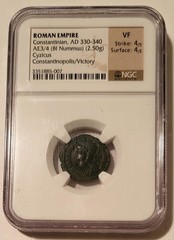 NGC Roman Empire Constantinian c AD 330-340 AE3/4 Nummus Cyzicus rv Victory VF