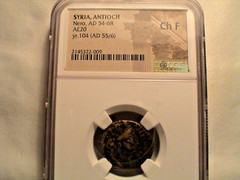 Syria, Antioch. Nero, AD 54-68. AE20, Yr. 104 (AD 55/6) NGC Choice F
