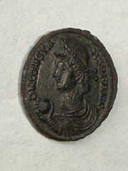 Constans Ancient Roman coin AD 348 Bust & Sphere/Soldier Spear Barbarian Hut