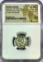 198-217 AD Caracalla & Mars Ancient Roman Silver Denarius Coin NGC Choice AU