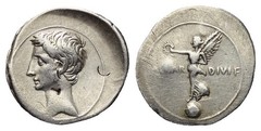 Octavian Augustus (31-30 BC) Roman AR silver denarius Victory on globe RIC 254b