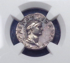 (75 AD) Roman Empire – AR Denarius of Domitian as Caesar, NGC ChVF.