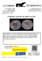 *Lucernae* Crispus Follis VIRTVS EXERCIT Captives and trophy. Treveri 320 AD.