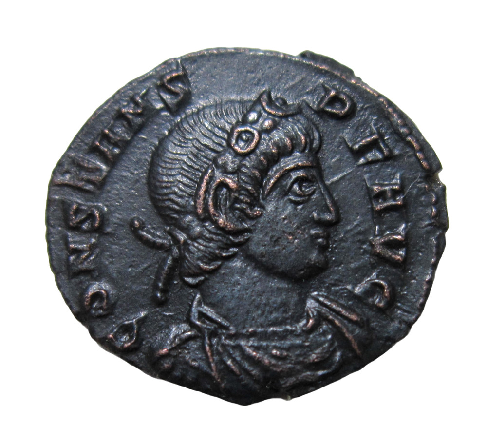 CONSTANS. 337-350 AD. AE 4. TRIER MINT, C. 348-350 AD TWO SOLDIERS REVERSE SHARP