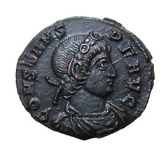 CONSTANS. 337-350 AD. AE 4. TRIER MINT, C. 348-350 AD TWO SOLDIERS REVERSE SHARP