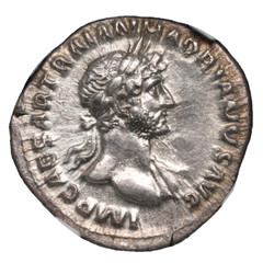 Hadrian Roman Empire NGC XF Silver Denarius AD 117-138 Salus Feeding Snake Altar