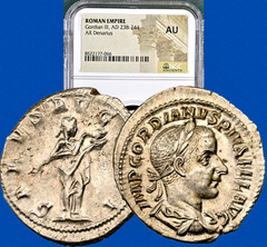 238-244 AD Gordian III & Salus Ancient Roman Silver AR Denarius Coin NGC AU