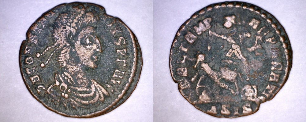 355-361AD Roman Imperial Constantius II AE3 – Soldier Spearing Horseman – ASIS