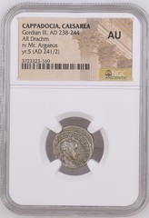 238-244 AD Cappadocia Caesarea Gordian III AR Drachm NGC AU Story Vault Yr. 5