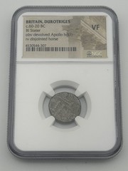 Celtic Britain Durotriges 60-20 BC BI Stater obv. devolved Apollo hd NGC VF