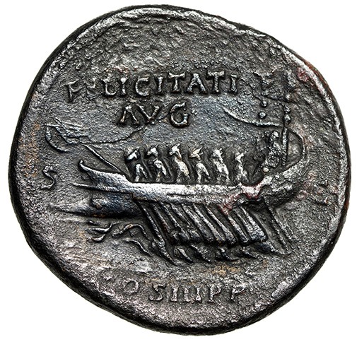 Hadrian Sestertius “Galley Sailing, Six Rowers” Very Fine