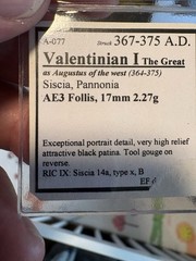 Valentinian I R. 367- 375 AD AE Follis XF+ Stunning Portrait , Dark Patina A077