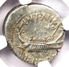 Marc Antony AR Denarius Silver Galley Coin 32 BC – Certified NGC XF (EF)