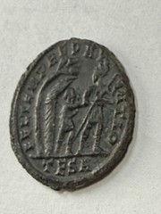 Constans Ancient Roman coin AD 348 Bust & Sphere/Soldier Spear Barbarian Hut