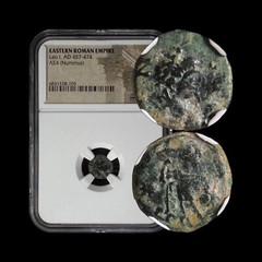 ROME. 457, Æ4 Nummus – NGC Cert – Leo I, Constantinople, Captive, Cross, Star