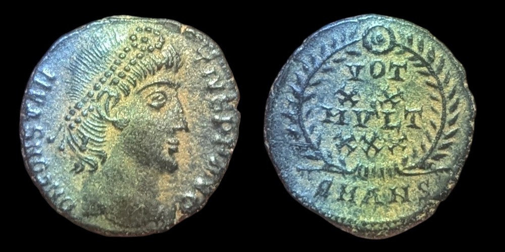 Ancient Roman Empire Coin CONSTANTIUS II Wreath VOT XX MVLT XXX Eye Appeal