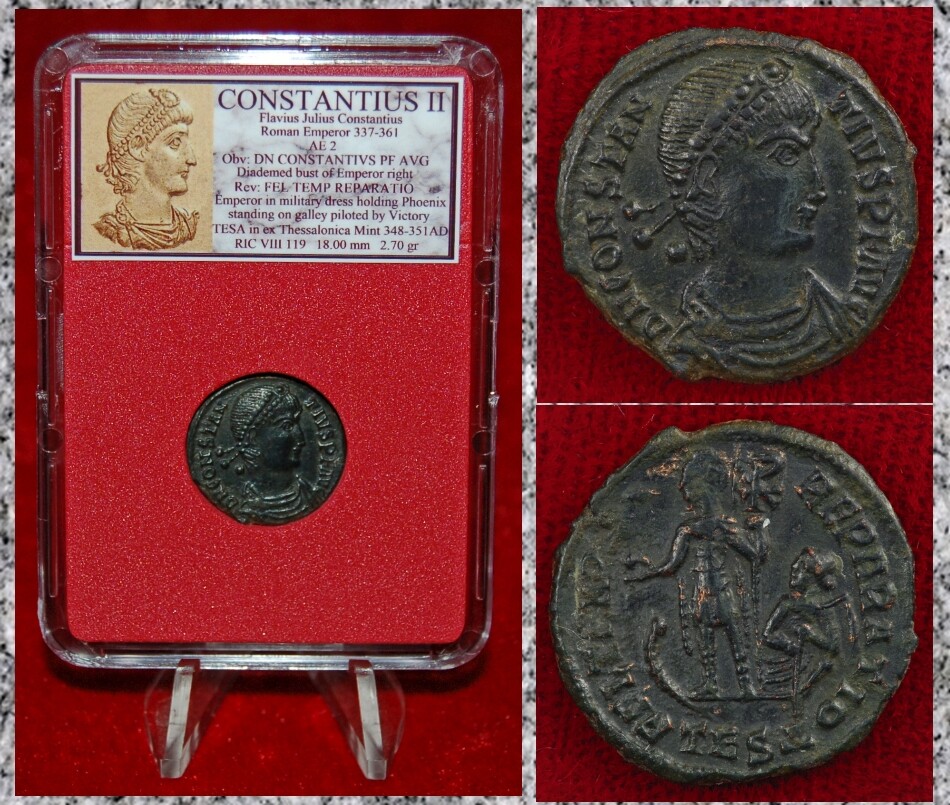 Ancient Roman Empire Coin CONSTANTIUS II Emperor In Military Dress With Phoenix