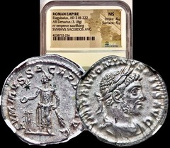 218-222 AD Elagabalus Ancient Roman Silver Denarius Coin w/Sacrifice Rev NGC MS