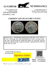 *Lucernae* Maximianus Follis SALVIS AVGG ET CAESS FEL KART / B Carthage 286-305
