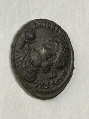 Constans Ancient Roman coin AD 348 Bust & Sphere/Soldier Spear Barbarian Hut