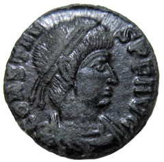 CONSTANS. 337-350 AD. AE 4. TRIER MINT. TWO VICTORIES REVERSE.