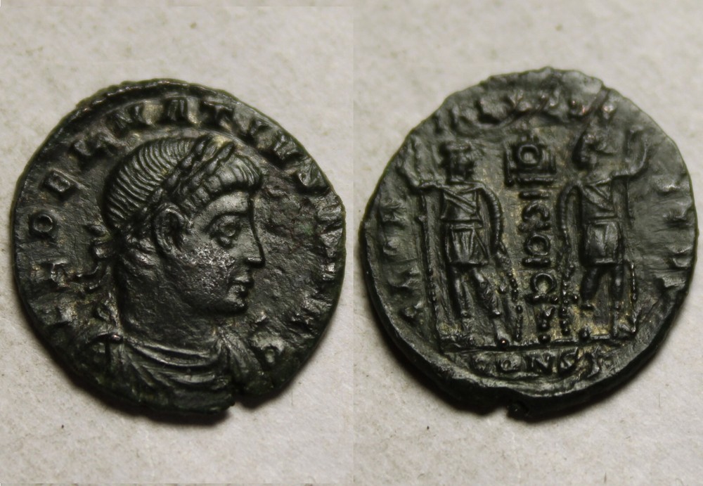 Rare genuine ancient Roman coin Delmatius 336AD Legion Soldiers spears standard