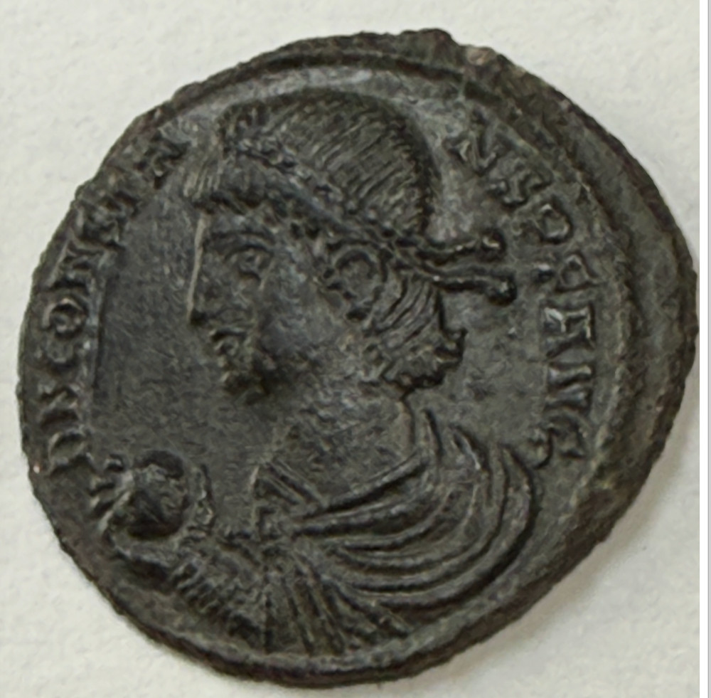 Constans Ancient Roman coin AD 348 Bust & Sphere/Soldier Spear Barbarian Hut