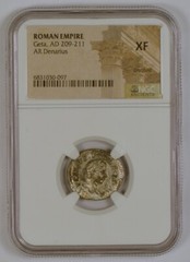 Roman Empire AD 209-211 Silver AR Denarius Coin for Geta, NGC Graded XF
