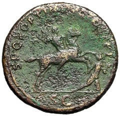 Trajan Sestertius “Emperor on Horseback, Spearing Dacian” Very Fine