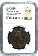 Trajan “Fallen Dacian” AE Sestertius – Emperor on Horseback Spearing Dacian NGC