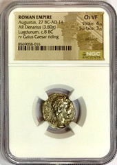 27 BC-14 AD Augustus Ancient Roman Silver Denarius Coin Lugdunum NGC Choice VF