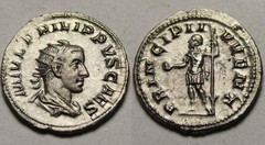 Rare Genuine ancient Roman silver XF coin ANTONINIANUS Philip II 247 SPEAR GLOBE