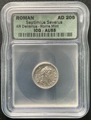 SEPTIMIUS SEVERUS AD 206 DENARIUS SILVER COIN ICG AU-55
