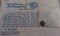 Late Roman Bronze 300AD Certificate Of Authenticity