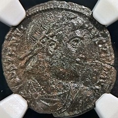 ROME. 330, Æ3/4 Nummus – NGC XF – Constantine I, GLORIA EXERCITVS, Cyzicus, Dot