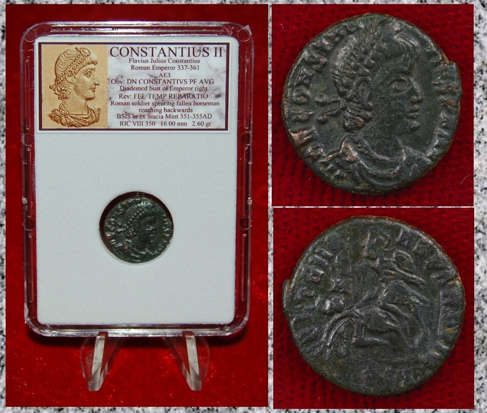 Ancient Roman Empire Coin CONSTANTIUS II Roman Soldier Spearing Fallen Horseman