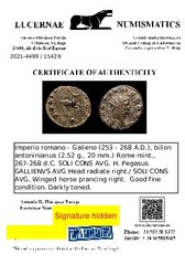 *Lucernae* Gallienus Antoninianus SOLI CONS AVG Pegasus (429) Rome 267-268 AD.