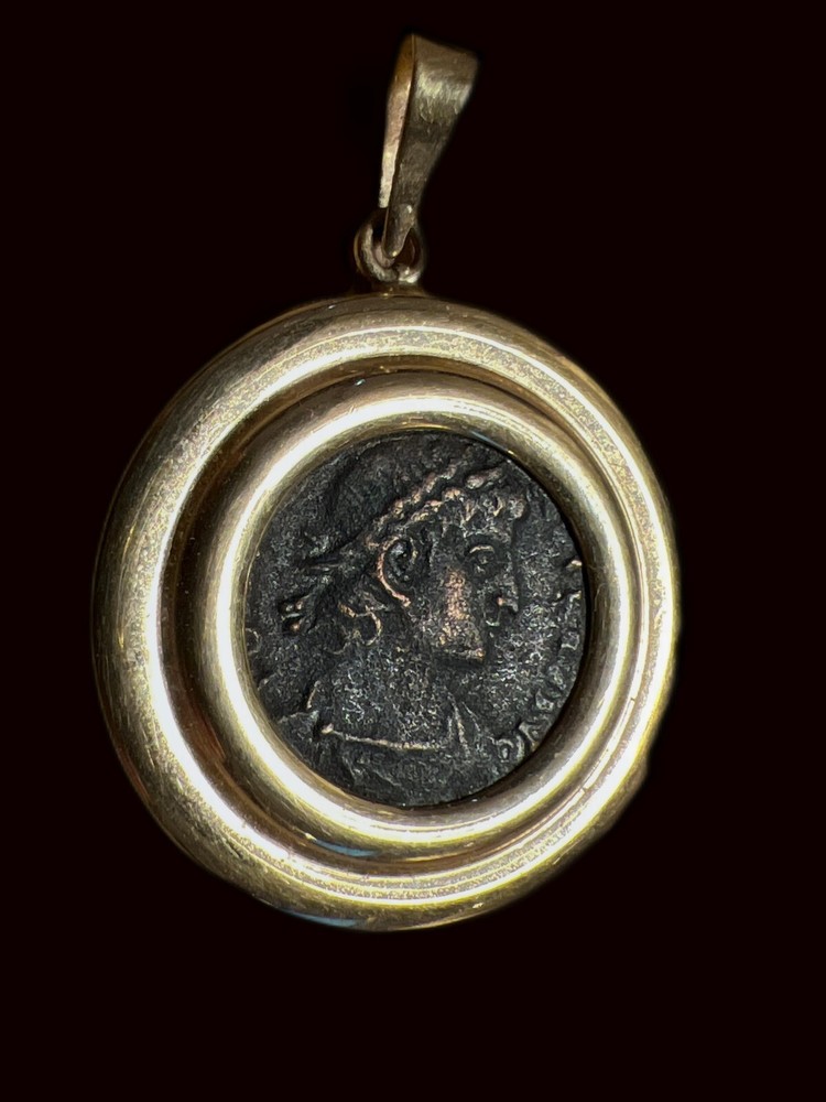 Bronze Roman Coin 272-314 AD set in 14 Karat Gold Pendant
