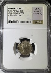 Roman Empire Geta AD 209-211 AR Denarius 3.09g NGC Ch XF (016)