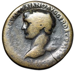 Trajan Sestertius “Left Facing Portrait, Pax Trampling Dacian” Very Rare
