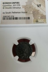 Quintillus ,AD 270 BI Double Denarius. NGC VF ex South Pemberton Hoard. Rare