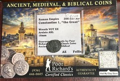 Hi-Grade Constantine “The Great” 306-337 AE 18mm Wreath Vot XX/Arelate COA CB109