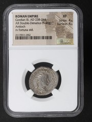 NGC XF 4-4 Gordian III AR “Double-Denarius” Antioch 238-44 Fortuna rx.