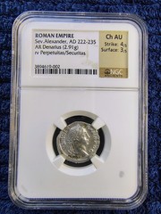 222-235 AD – Roman Empire – Severus Alexander – AR Silver Denarius – NGC Ch. AU
