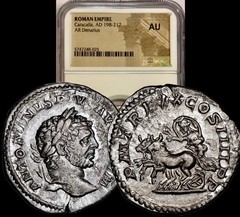 198-217 AD Caracalla w/ Diana & Briga Ancient Roman Silver Denarius Coin NGC AU