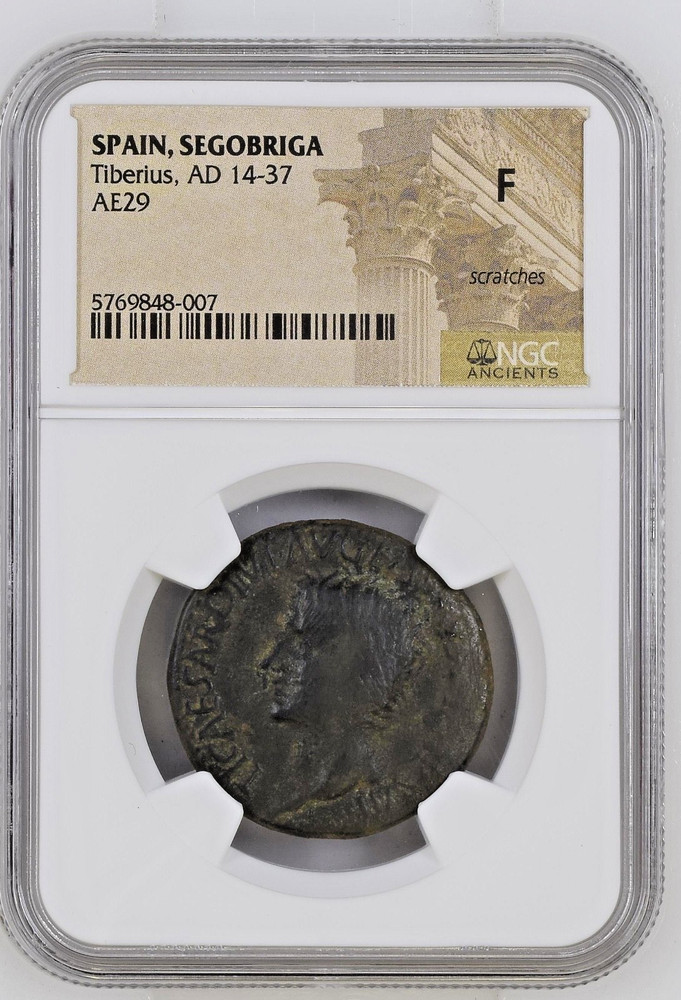 Roman Provincial – Tiberius AD 14-36 Bronze AE29 NGC F scratches Twelve Caesars
